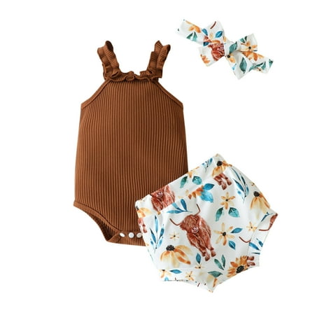 

BSDHBS Girl Clothes Girls Sleeveless Ruffles Ribbed Romper Bodysuit Cartoon Cow Prints Shorts Headbands Outfits