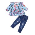 thumbnail image 1 of 2 Pieces Kids Suit Set, Floral Print Round Neck Long Sleeve Top and Ripped Jeans for Girls, 1 of 1