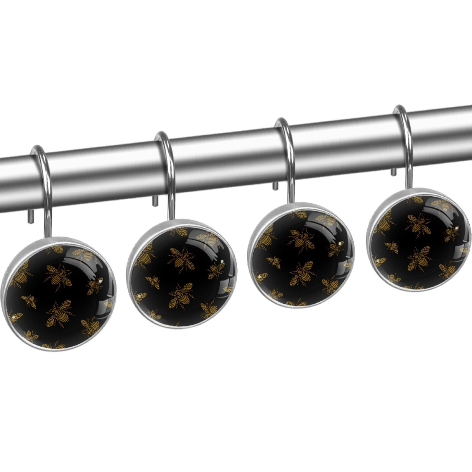 HemaKayy 12 Pcs Decorative Shower Curtain Hooks - Rust Proof Stainless Steel Rings for Home, Kitchen, Bathroom Décor | Easy to Install and Glide, Secure Hold, Durable - Bee Golden Embroidery