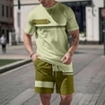 thumbnail image 6 of Mens 2 Piece Casual Beach Outfits Short Sleeve Crew Neck T-Shirts Drawstring Elastic Waist Shorts Outfits with Pockets Color Block Outfits Summer Beach Vacation Breathable Athletic Tracksuit,Green L, 6 of 6