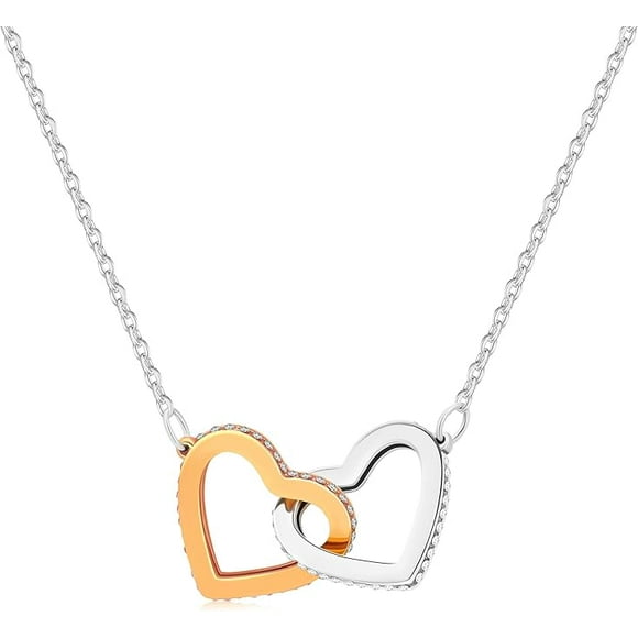18K Gold And Platinum Plated Exquisite Double Heart Linked Pendants Chain Necklace Girls Women Chain Necklace Adjustable Size 18" +2" Inches Gift For All Occasions