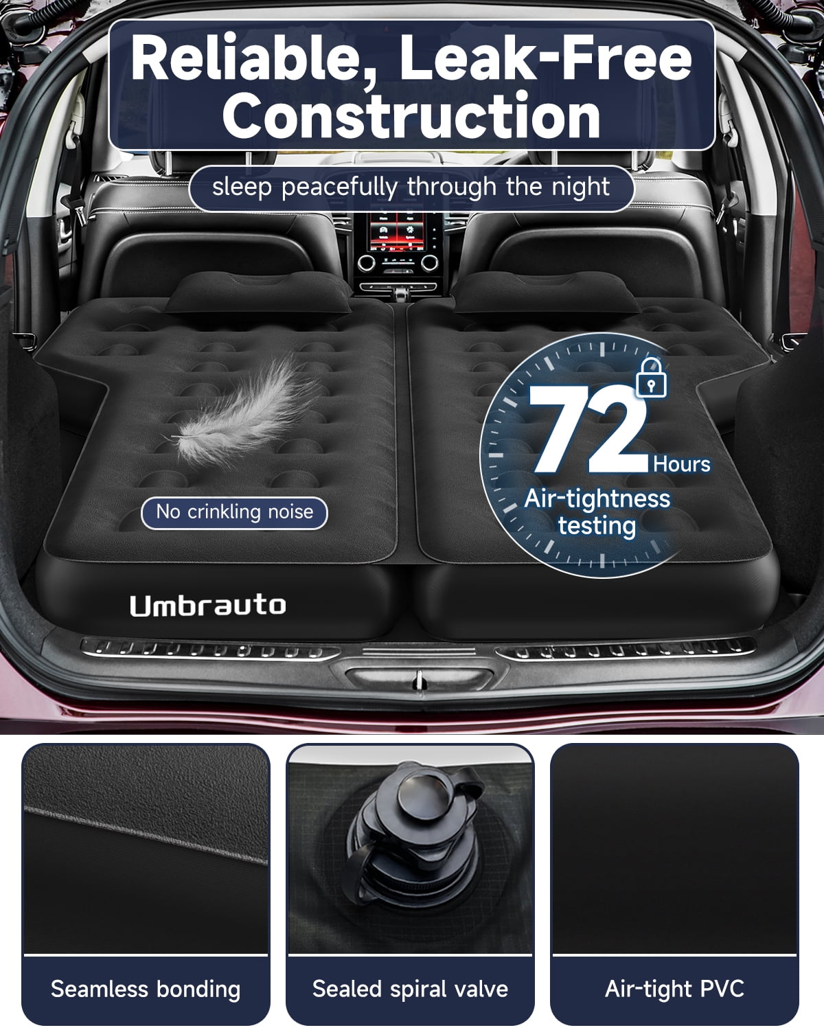 SUV Air Mattress, Dual Air Chambers Inflatable Car Trunk Bed with Electric Pump, Soft Flocked Surface, PVC Body & 210T Bottom, 4.7" Thick Car Camping Mattress for Road Trips, Black