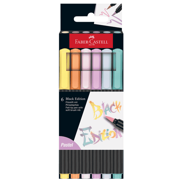 Faber-Castell Black Edition Felt Tip Pen with Soft Brush Nib: 6 Pastel Colors | Back to School Art Supplies, Calligraphy Pens for Artists and Creatives