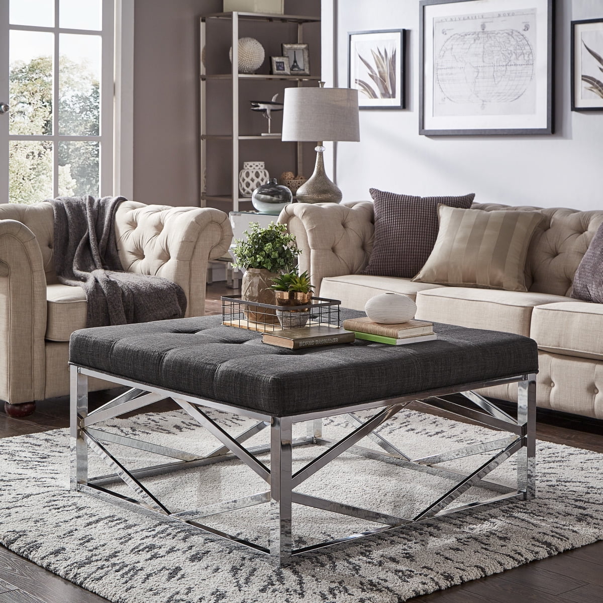 Weston Home Libby Dimpled Tufted Cushion Ottoman Coffee Table with