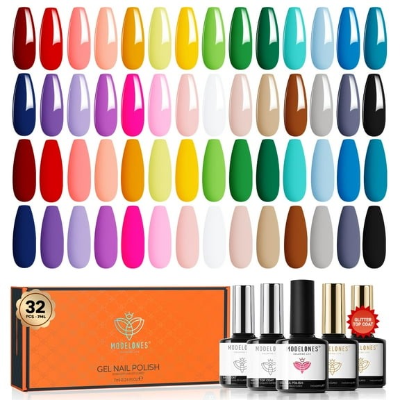 modelones 32 PCS Gel Nail Polish Set, 28 Colors Spring Summer Rainbow Gel Polish with No Wipe Base Coat, Glitter & Glossy & Matte Top Coat Soak Off LED Nail Art Kit Salon at Home