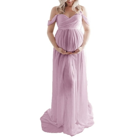 

Xsylife Maternity Dresses for Photoshoot Women Off Shoulder Chiffon Lace Gown Split Front Maxi Photography Dresses