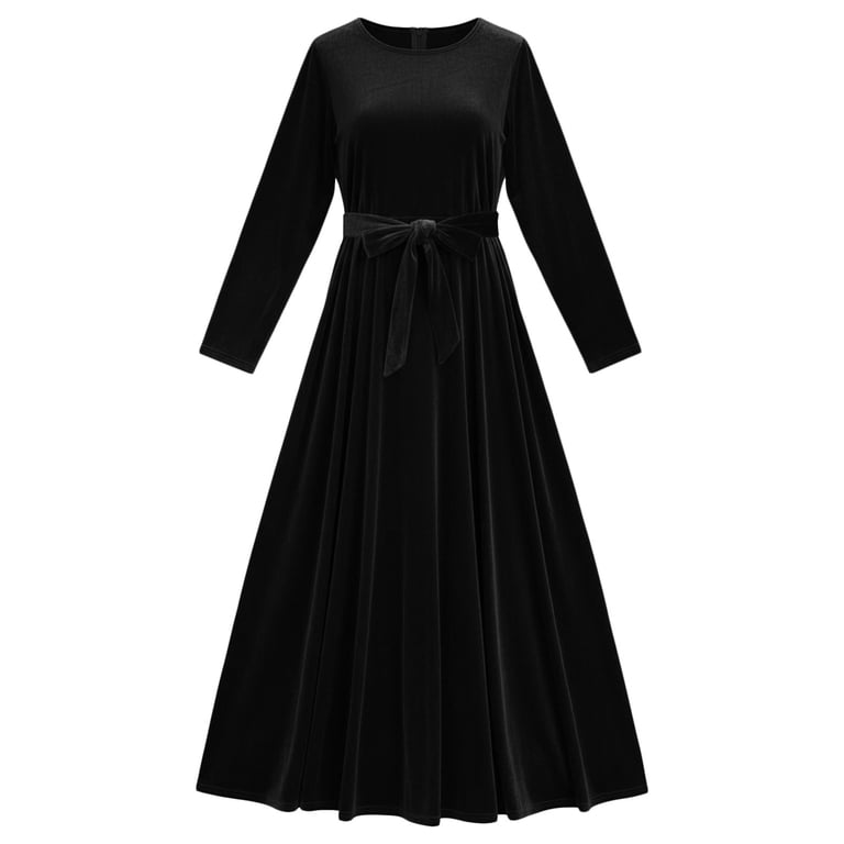 JAJAHO Long Sleeve Dresses For Women Velvet Fall Soft Comfortable A-Line  Swing Maxi Dress Solid Color Holiday Dresses