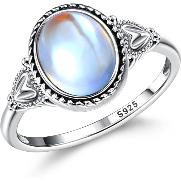 Sterling Silver Mood Rings Moonstone for Women Vintage Handmade Victorian Rings Oval Solitaire Ring 18K White Gold Plated Color Change Mood Rings Womens Jewelry