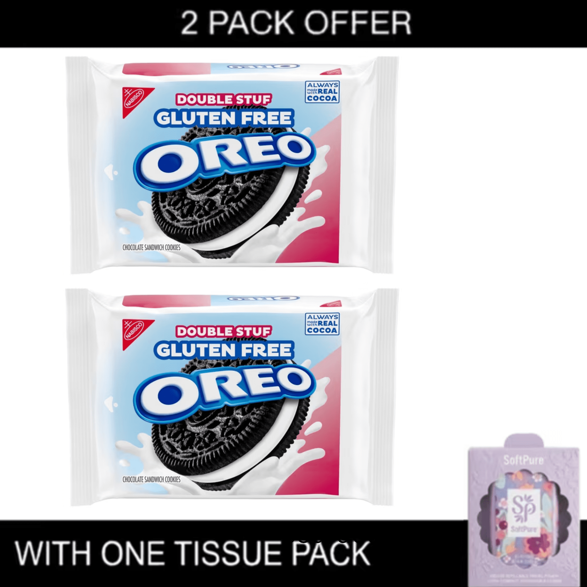 2x OREO Double Stuf Gluten-Free Chocolate Sandwich Cookies Gluten-Free Cookies 12.47 oz Packs with tissue pack