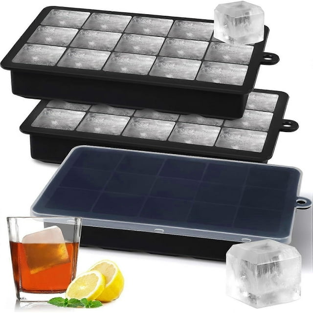 Ice Cube Trays,15 Square Ice Cube Tray with Lid,3 Pack Ice Cube Moulds Set,Ice Molds Silicone,Ice Cube Maker,Large Ice Trays for Whiskey Freezer Conta