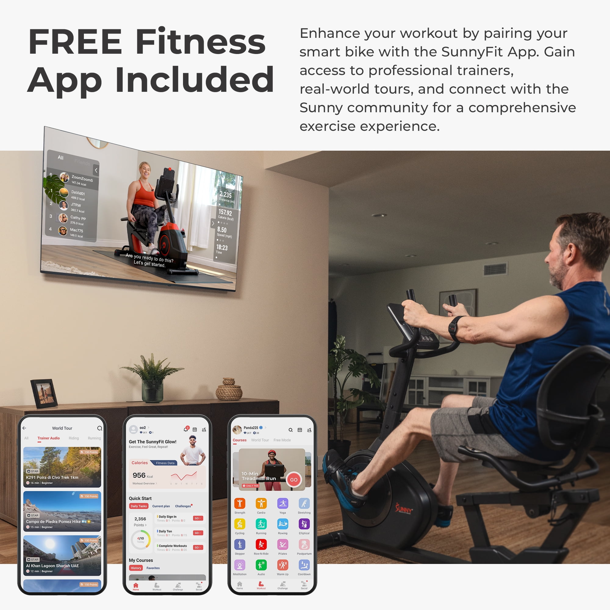 Sunny Health & Fitness Indoor Recumbent Cycling Bike w 350LB Capacity, Non-Crank Design, Cushion Seat for Senior or Rehab w Smart Bluetooth & FREE SunnyFit® App - SF-RB424002