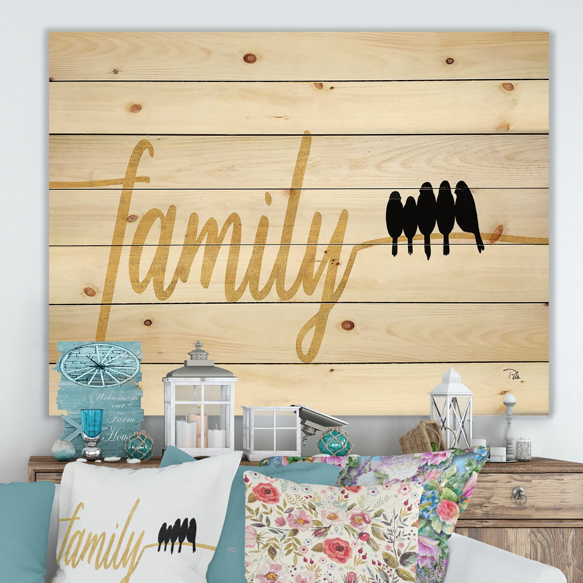 Designart 'Family of Birds on Gold Words II' Cottage Print on Natural Pine Wood