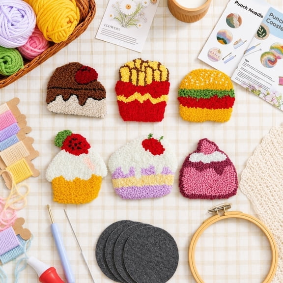 Upgrated 6 Set Knitted Coaster Punch Needle Kit, DIY Snacks Pattern Embroidery Kit for Beginners & Gift