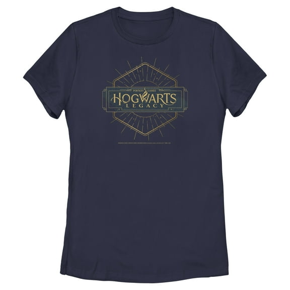 Women's Hogwarts Legacy Small Art Deco Logo  Graphic Tee Navy Blue Small