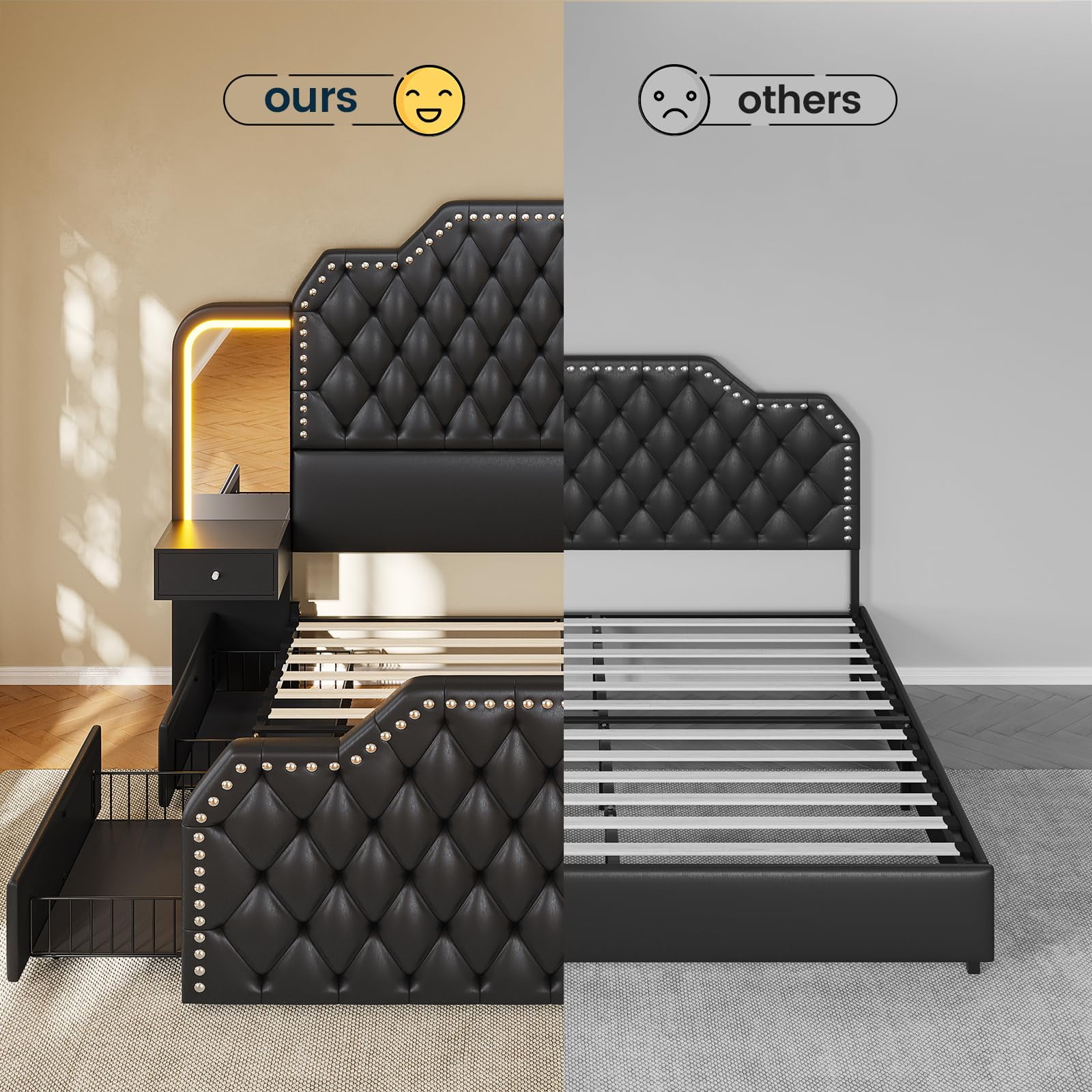 Queen Bed Frame with 2 Nighstands, Power Outlets and 4 Drawers, Upholstered Bed with Vanity Tables and Mirrors, Modern Velvet Tufted Platform Bed with Headboard & Footboard, Black