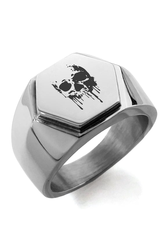 Stainless Steel Hades Greek God of Underworld Engraved Hexagon Crest Flat Top Biker Style Polished Ring