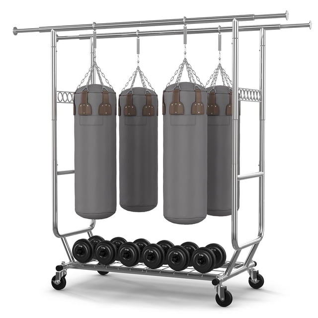 HOKEEPER Perchero para ropa resistente, plegable, con ruedas, doble varilla, para colgar ropa, comercial, portátil, con estantes