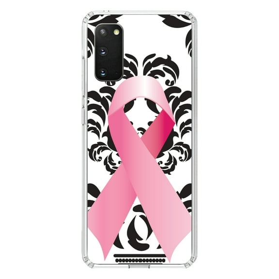 DistinctInk Clear Shockproof Hybrid Case for Galaxy S20 / S20 5G (6.2" Screen) - TPU Bumper, Acrylic Back, Tempered Glass Screen Protector - Black Damask Pink Ribbon - Breast Cancer Awareness