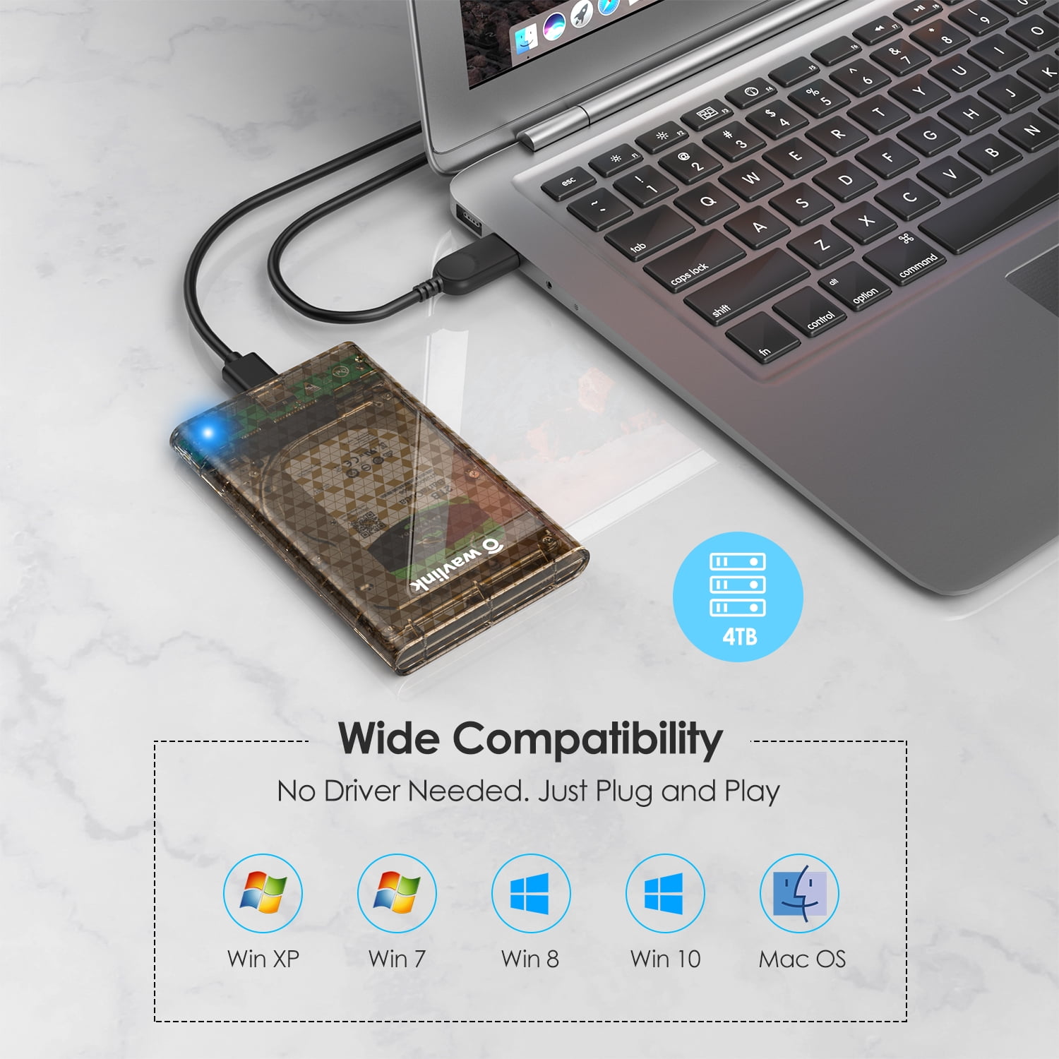 USB 3.0 to SATA External Hard Drive Enclosure for 2.5 inch 5mm/7mm/9.5mm SATA I/II/III HDD/SSD Support UASP Function, Max 4TB Tool-Free Design