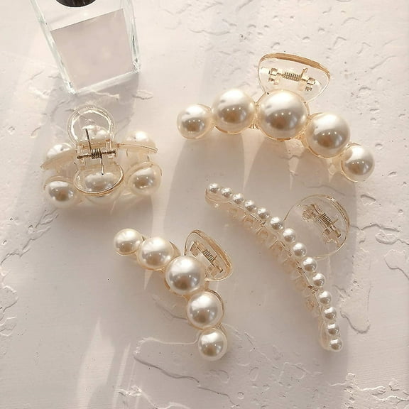 PandaTop 4 Pcs Pearl Hair Claw Clips Large Hair Clips Thick Long Claw Clips Barrettes Hair Accessories for Women and Girls,Christmas Gift for Woman Girls（4 Size)