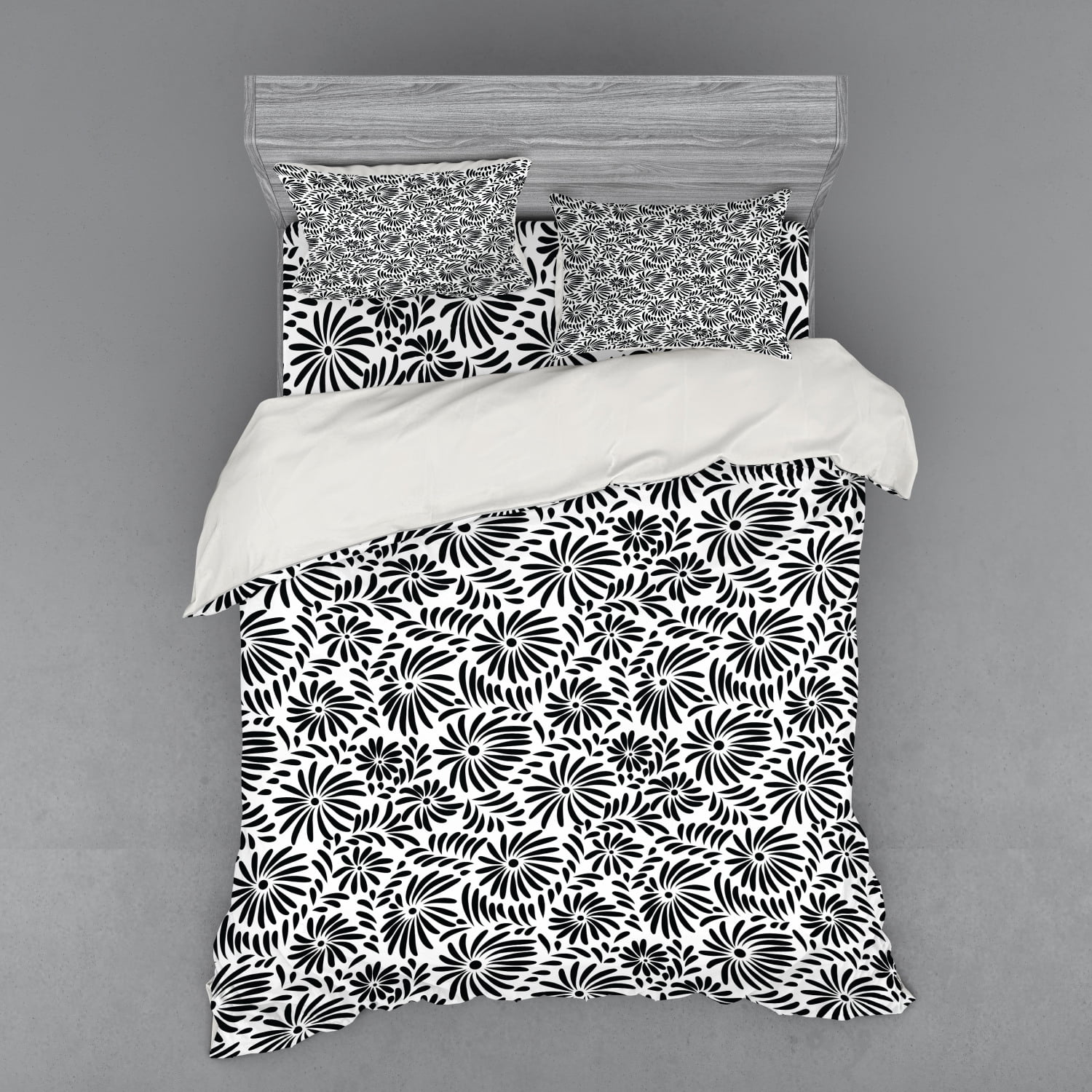 Black and White Duvet Cover Set, Simple Floral Motifs Tropical Island