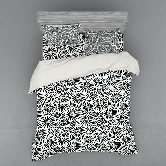 Black and White Duvet Cover Set, Simple Floral Motifs Tropical Island Vegetation in Monochrome Doodle Style, Bedding Set with Shams and Fitted Sheet, 3 Sizes, by Ambesonne