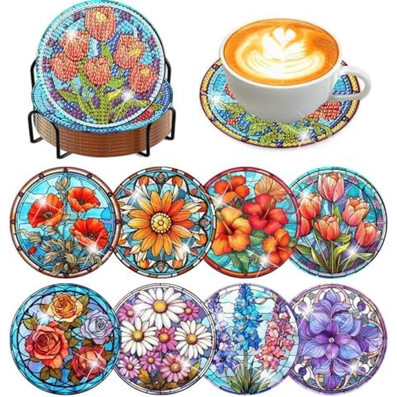 8 Pcs Diamond Art Coasters Kit for Adults - Flowers Diamond Painting Coasters Kit with Cork Holder, DIY Floral Diamond Art Dots Painting Set for Adult Beginners 4x4in