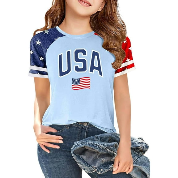 Hiijoy Toddler Girls Independence Day T-Shirt 4th of July Short Sleeve T Shirt, Sizes 3-13