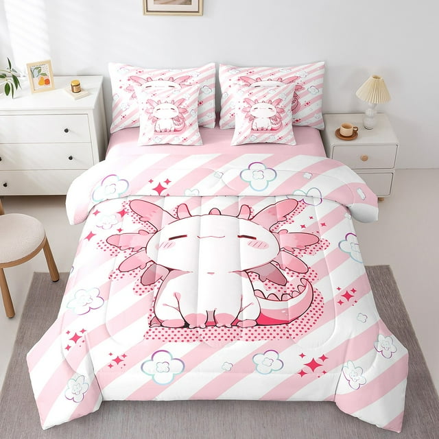 Erosebridal Literie Axolotl Rose pour Filles Format Grand, Ensembles de Literie Animaux Mignons Format Grand, Déco de Chambre à Rayures, Réversible 7 Pcs