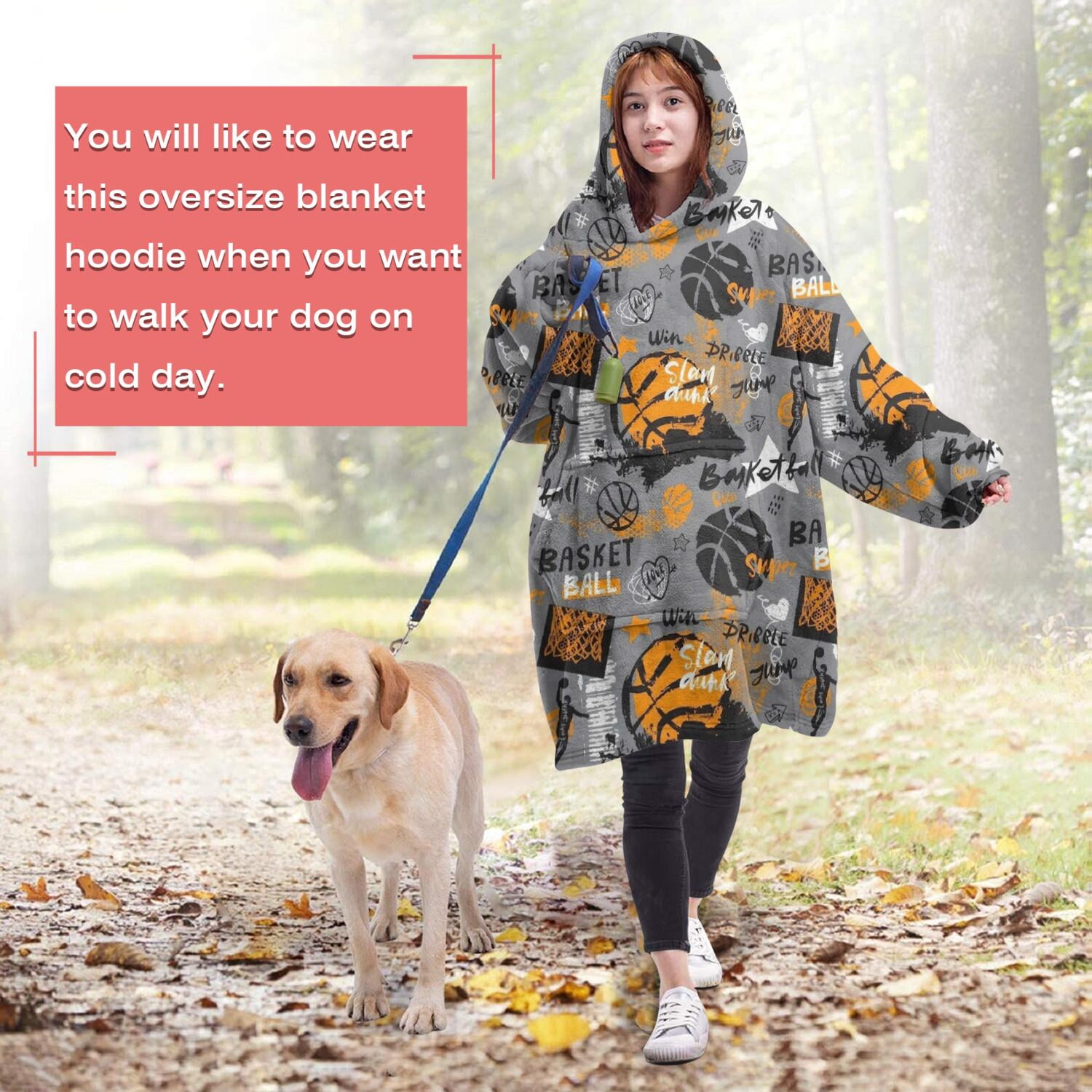 Gray Background Basketball Elements Pattern Wearable Oversized Blanket,Wearable Blanket Hoodie for Adults,Cozy Hooded Blankets with Super Pockets,Super Warm Fuzzy Pullover for Women & Men