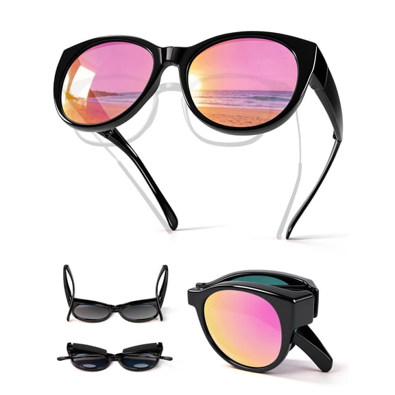 Foldable Fit-Over Sunglasses Women Polarized UV400 Cat Eye, Wear Over Prescription Glasses Up to 13.5×5cm, Face Slimming Retro Style, Beach Golf Fishing Outdoor, Pouch & Strap Included