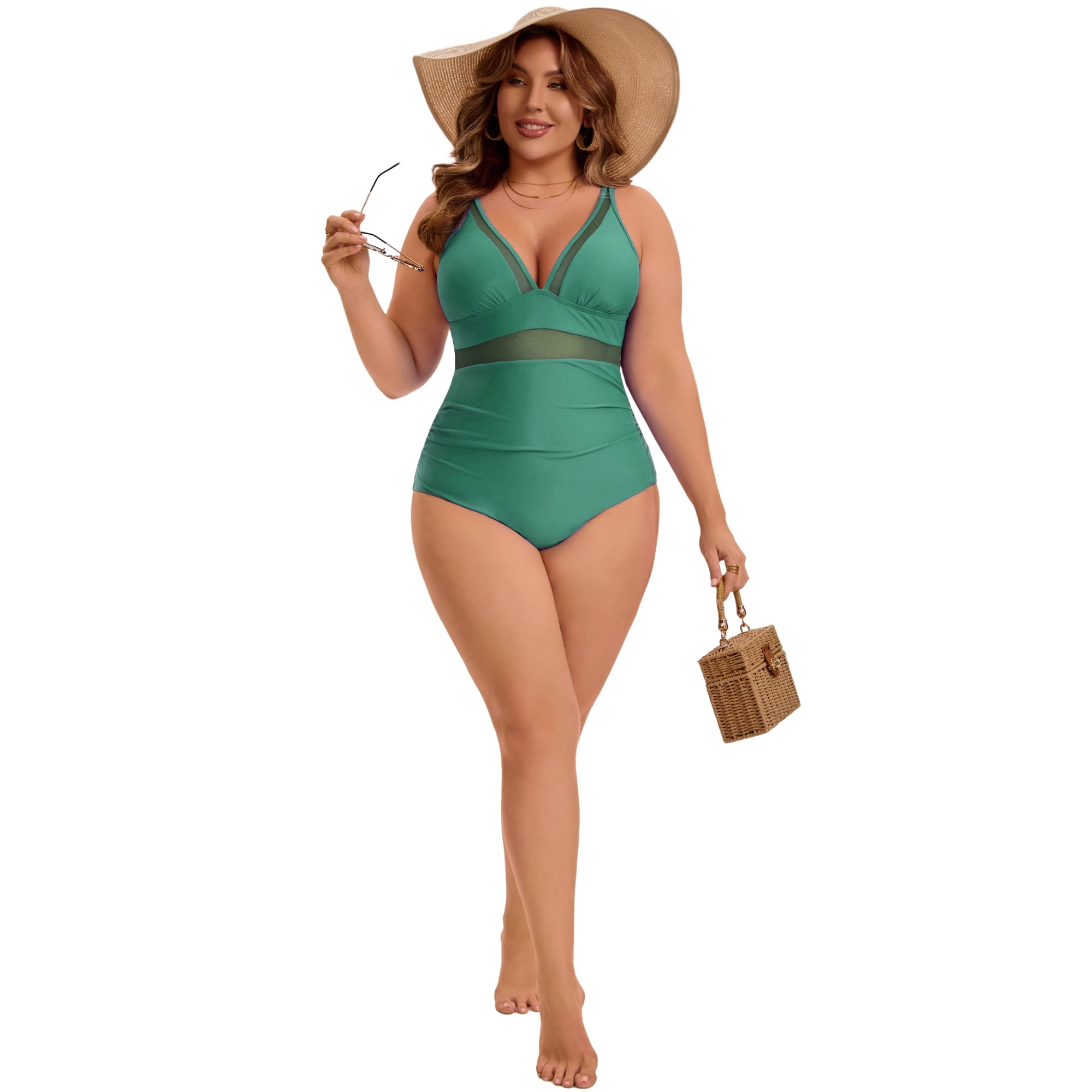 DARING DIVA Women's Plus Swimsuit Mesh V Neck Bathing Suit 4X Dark Green