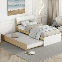 JERFIT Modern Twin Bed with Trundle, White High Gloss Platform Bed Frame with Light Oak Accents, Space-Saving Design with Underbed Storage Roll-Out, No Box Spring Needed