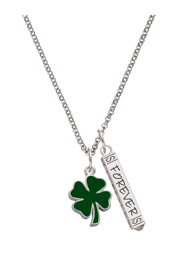 Silvertone Two Sided Green Enamel Lucky Four Leaf Clover Silvertone Forever Bar Charm Necklace, 23"