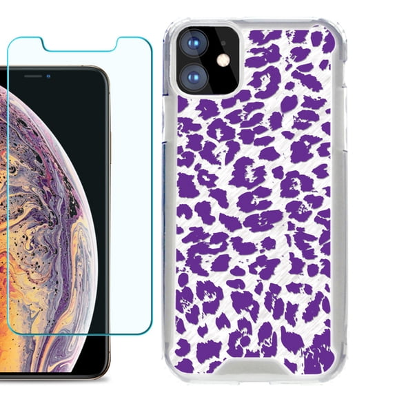 For Apple iPhone 11 Case, Hybrid Bumper Phone Case, with Tempered Glass Screen Protector, by OneToughShield ® - Cheetah Purple