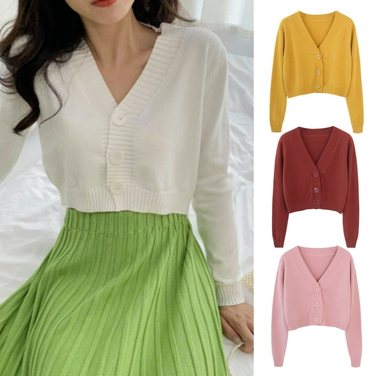 Women Long Sleeve Candy Color Sweater Cardigan V-Neck Button