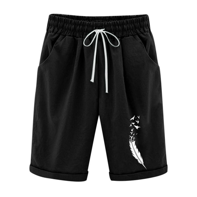 Mrat Linen Pants Ladies Pantalon en Lin pour Femmes d'Été Imprimé Cinq Points Grande Taille Pantalon en Coton et Lin Pantalon Décontracté Shorts Short de Randonnée Femmes P-32 Noir 3TG