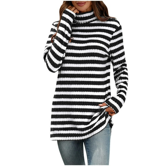 Womens Tops, Women Striped Turtleneck Sweater Long Sleeve Pullover Fall Fashion Jumper Tops Casual Loose Color Block Comfy Tunic Black L