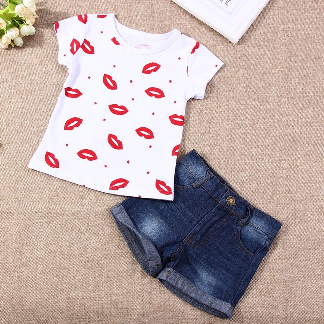 Conjunto De Ropa Para Bebé Niña Camiseta Corta Con Estampado De Labios Rojos + Conjunto De Pantalón Corto De Mezclilla-132024.02 Likrtyny Mujer