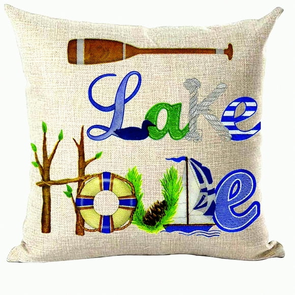 Lake House Lifebuoy Quote Decorative Throw Pillow Cover - Blue Green Duck Brown Paddle Sailboat Tree Art - Home Living Room Bed Sofa Car Cotton Linen Square 18 x 18 Inches