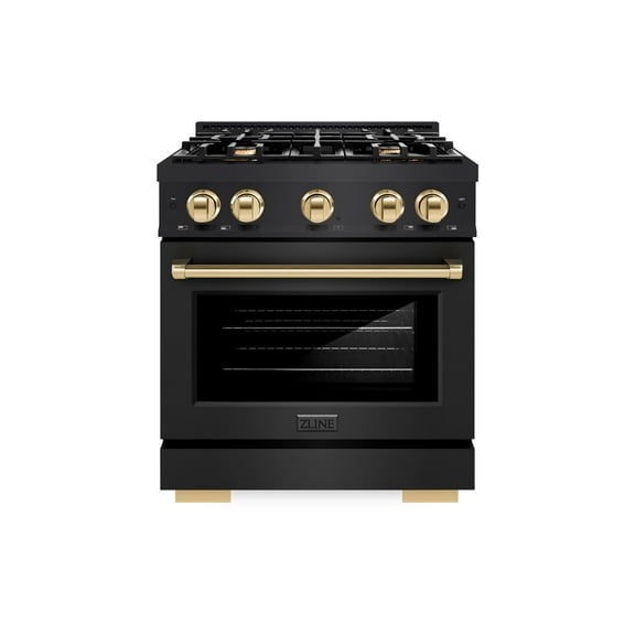 ZLINE Autograph Edition 30 in. 4.2 cu. ft. Dual Fuel Range with 4 Burner Gas Cooktop and Electric Convection Oven in Black Stainless Steel with Polished Gold Accents (HDRBZ-30-G)