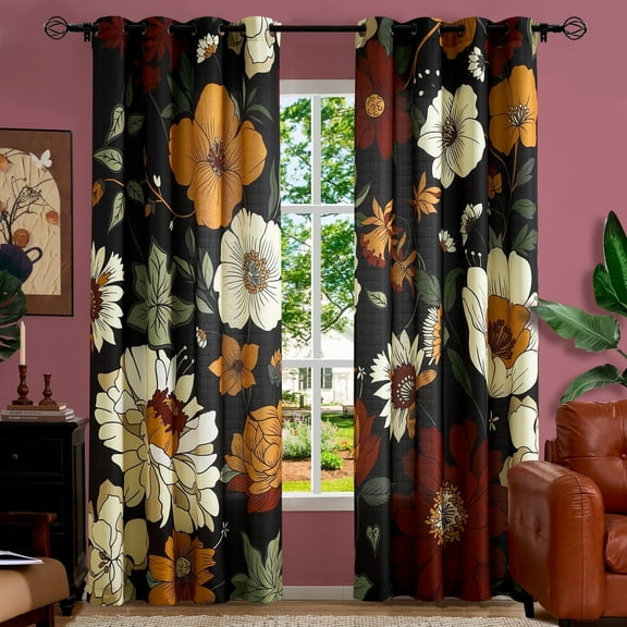 Curtainking Boho Floral Curtains for Bedroom Black Farmhouse Drapes for Living Room Vintage Flower Printed Curtains 2 Panel Set with Grommet Top 52 Inch Wide x 84 Inch Long