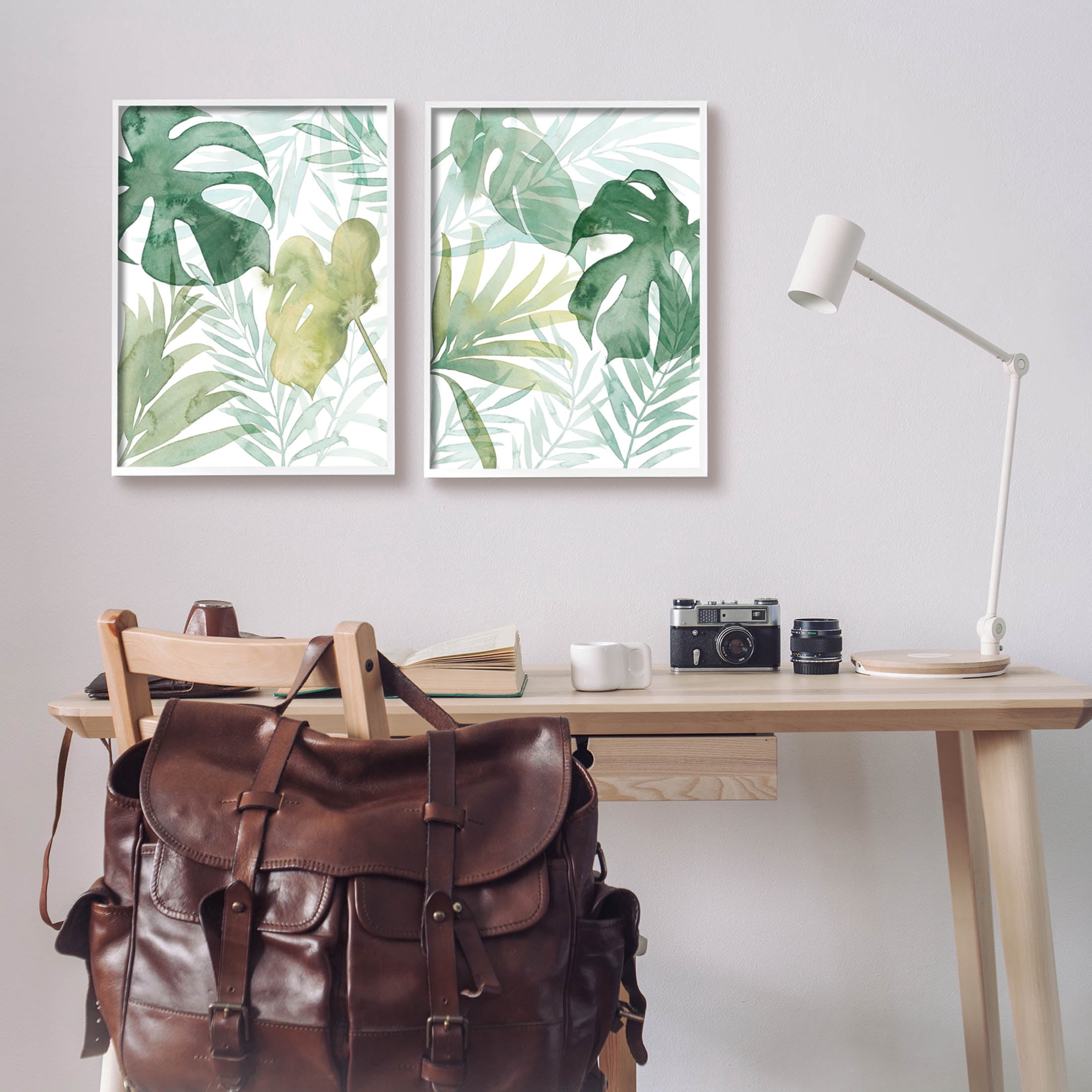 Layered Lush Green Plant Leaves Botanical & Floral Graphic Art White Framed Art Print Wall Art, Set of 2