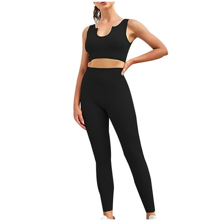Lovskoo 2024 Ribbed Workout Set for Women 2 Pieces Outfits Seamless Yoga Leggings with Sports Bra Crop Tank Top Gym Sets Matching Sets Black M