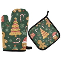 Yayeee Oven Mitts and Pot Holder Set of 2 Heat Resistant Kitchen Gloves Baking Hot Pad, Beige Christmas Gingerbread