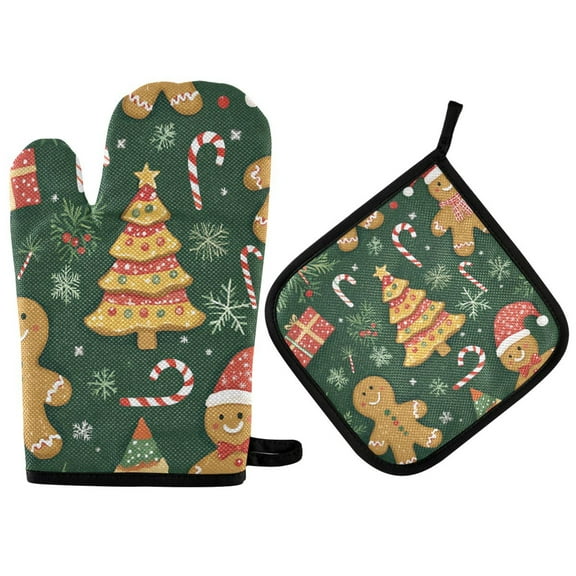Yayeee Oven Mitts and Pot Holder Set of 2 Heat Resistant Kitchen Gloves Baking Hot Pad, Beige Christmas Gingerbread