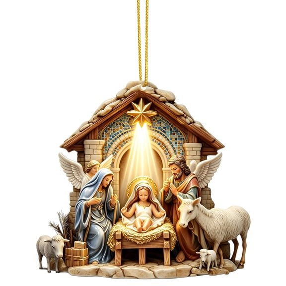 Manger Nativity Scene Christmas Ornament, Acrylic Hanging Ornament, Double-Sided Print Birth of Jesus Manger Scene, Religious Christmas Tree Decor, Faith Holiday Gift