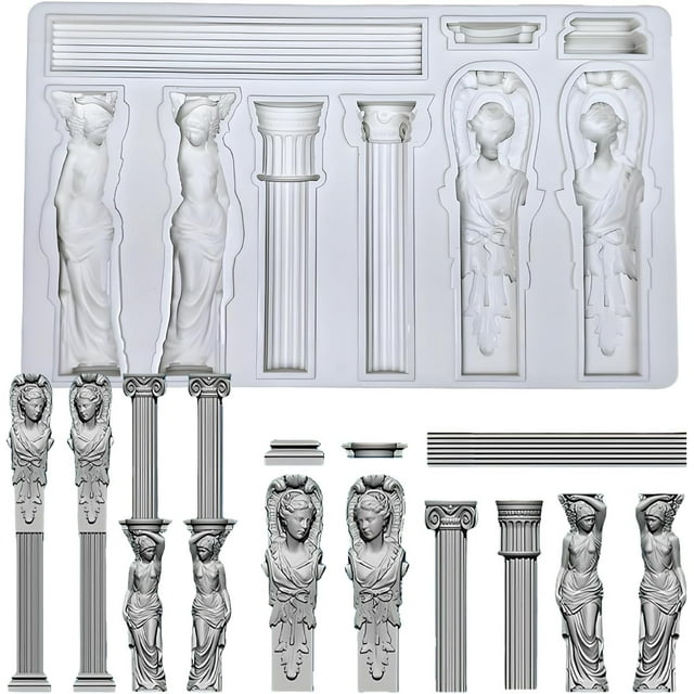 Greek Column Silicone Mold Set, Classical Architecture Sculpture Molds, Roman Pillars and Goddess Design for Cake Decoration, Resin Crafts