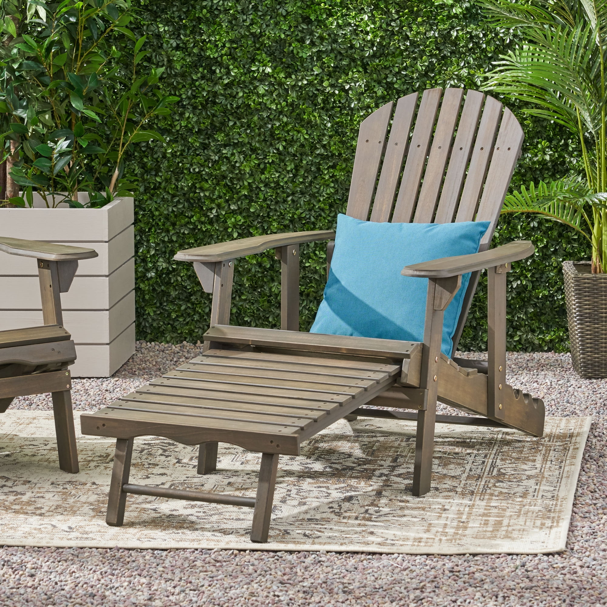 Jopath Folding Adirondack Chair with Extendable Leg Rest Outdoor Wooden Lounge Chairs with Slatted Back and Wide Armrests for Patio Garden Gray