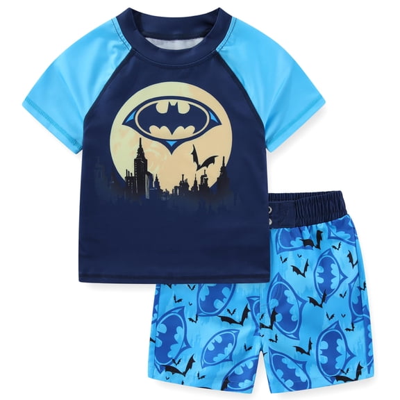 Warner Bros. Batman UPF 50 Rash Guard Shirt and Swim Trunks Shorts Swimwear Set Swimsuit (Boys), 2 Piece Set, Sizes 3T-7